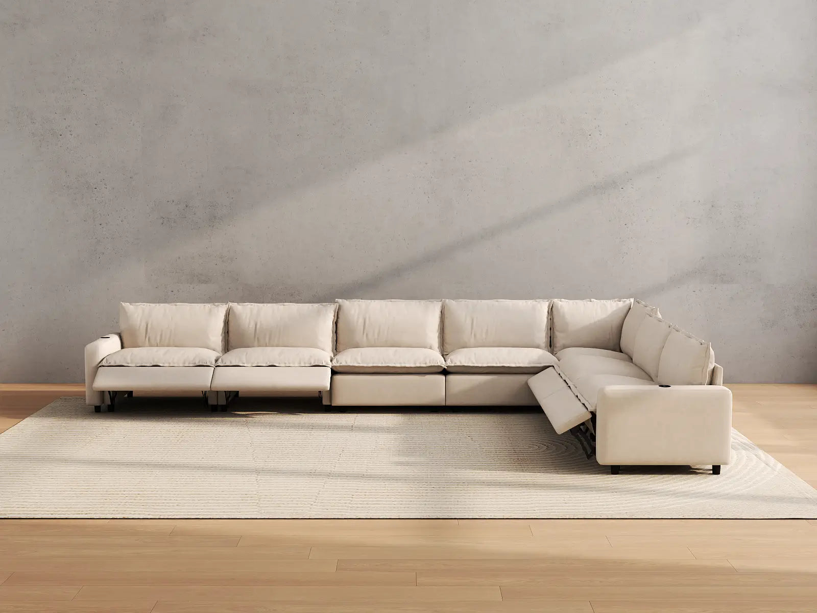 Modular Cero Power Reclining Sectional Couch | 7-Piece Beige Linen Large Space V-Shaped Sectionals 7-Seater