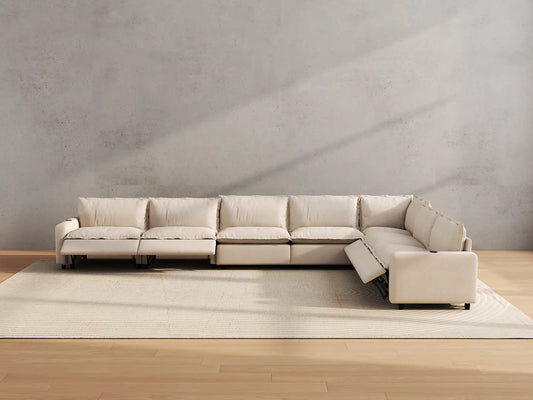 Modular Cero Reclining Sectionals | 7-Piece Beige Linen Large Space V-Shaped Sectionals 7-Seater