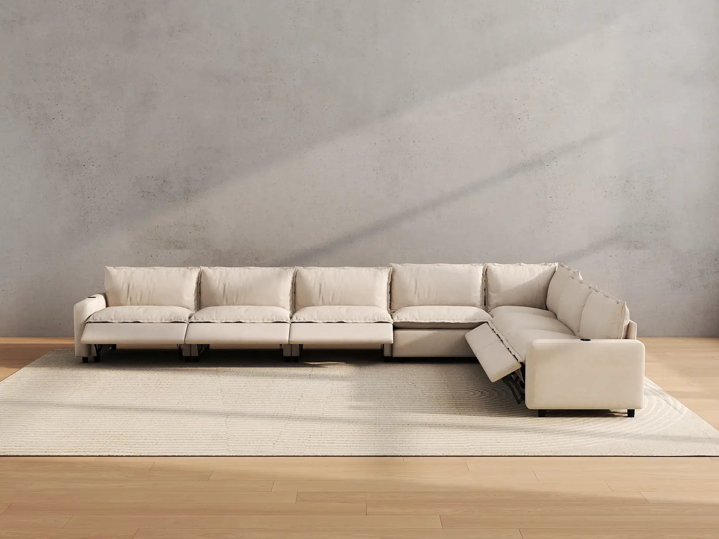 Modular Cero Reclining Sectionals | 7-Piece Beige Linen Large Space V-Shaped Sectionals 7-Seater
