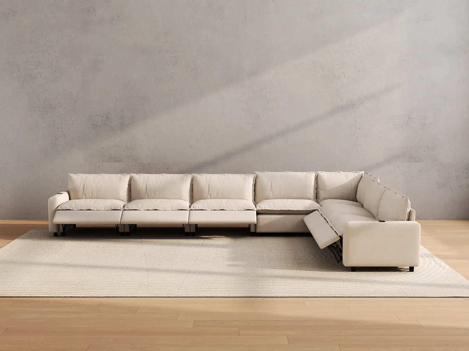 Modular Cero Sectional Reclining Sofa | 7-Piece Beige Linen Large Space V-Shaped Sectionals 7-Seater
