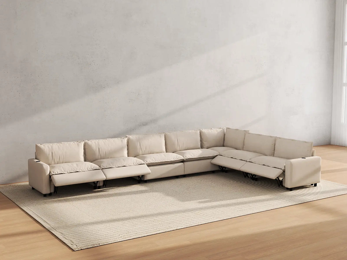 Modular Cero Reclining Sectionals | 7-Piece Beige Linen Large Space V-Shaped Sectionals 7-Seater
