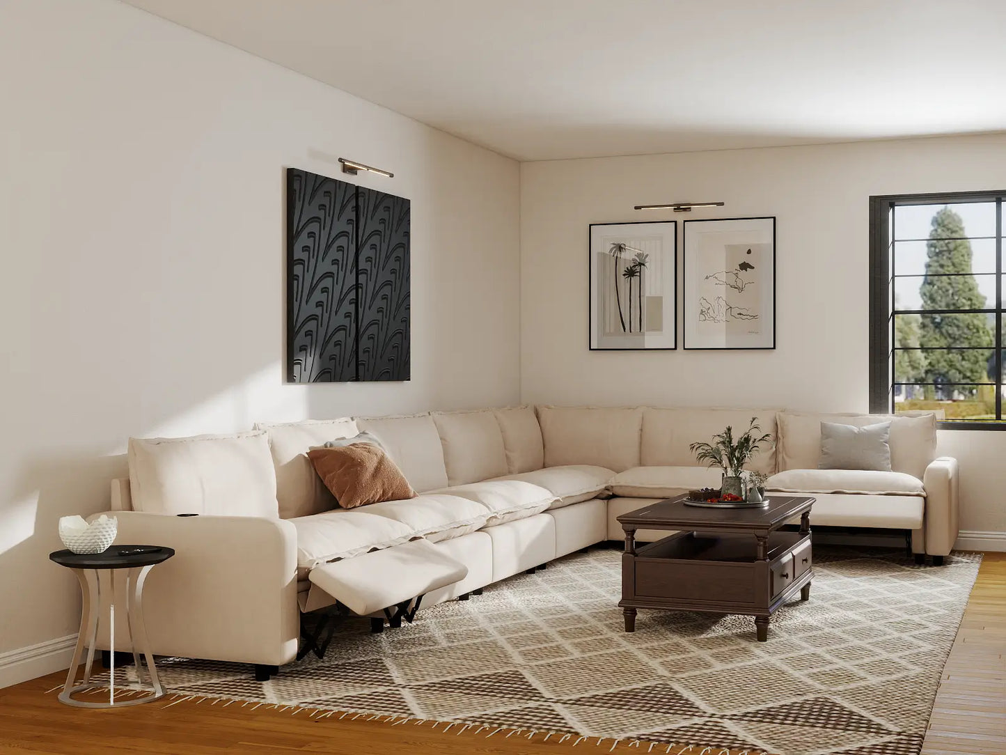Modular Cero Recliner Sectional Couch | 7-Piece Beige Linen Large Space V-Shaped Sectionals 7-Seater