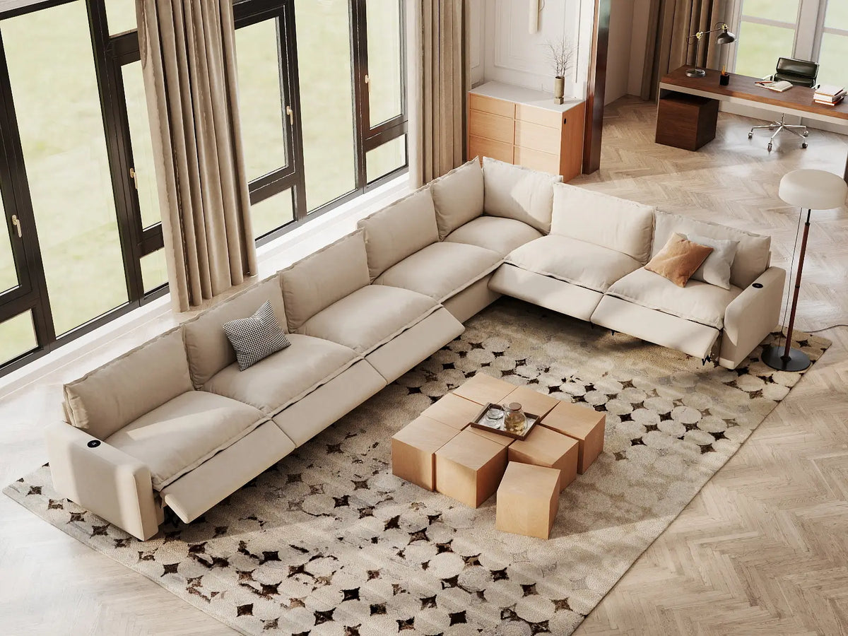 Modular Cero Reclining Sectionals | 7-Piece Beige Linen Large Space V-Shaped Sectionals 7-Seater