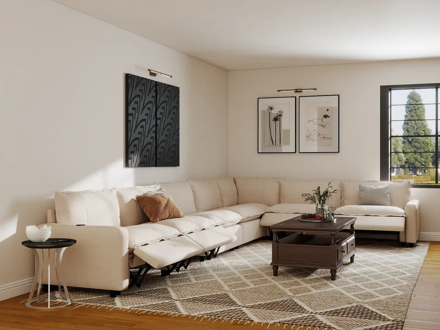 Modular Cero Reclining Sectionals | 7-Piece Beige Linen Large Space V-Shaped Sectionals 7-Seater