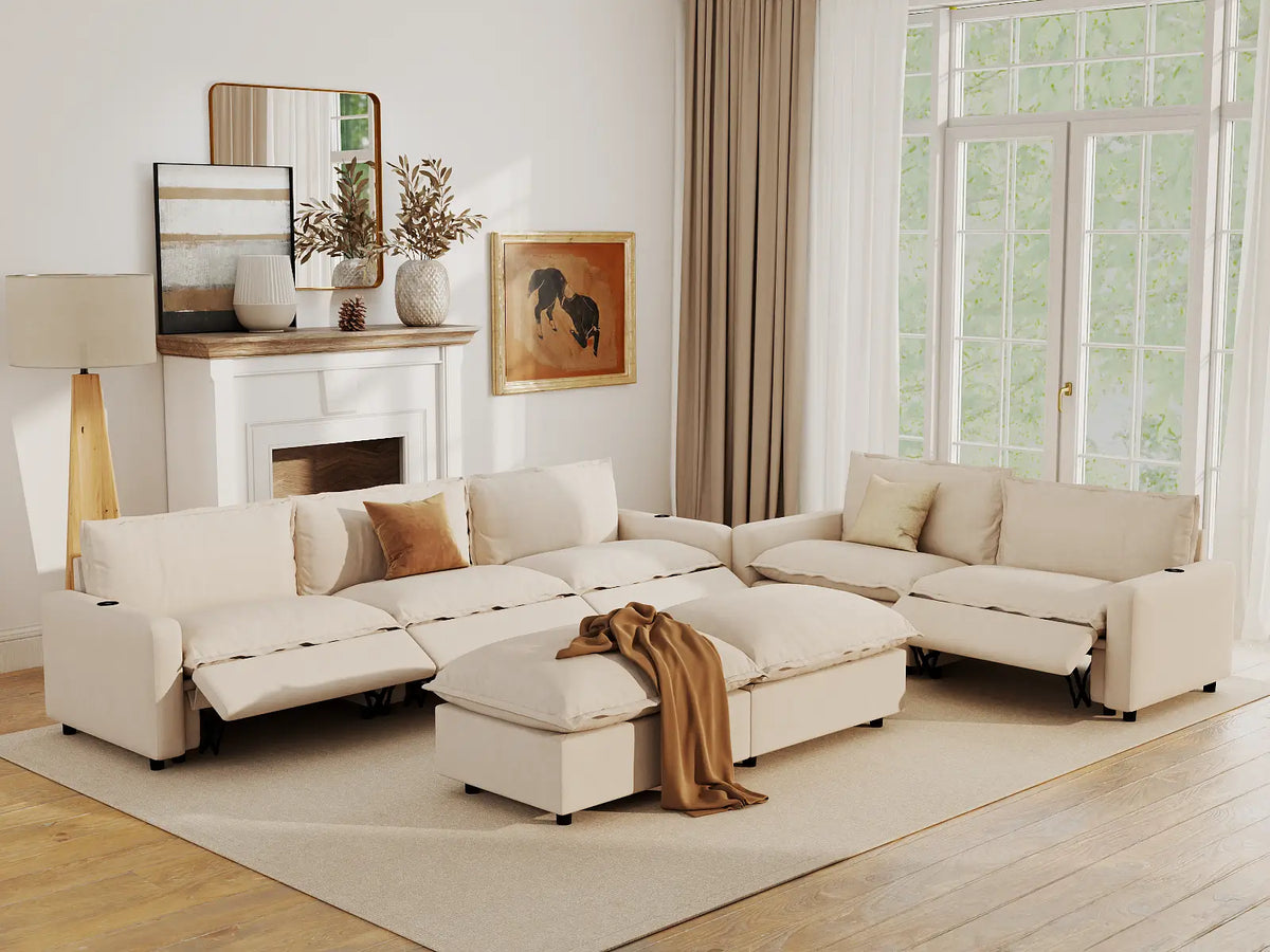 Modular Cero Reclining Sectionals | 7-Piece Beige Linen Open Plan Sofa Sets 5-Seater with 2-Ottomans