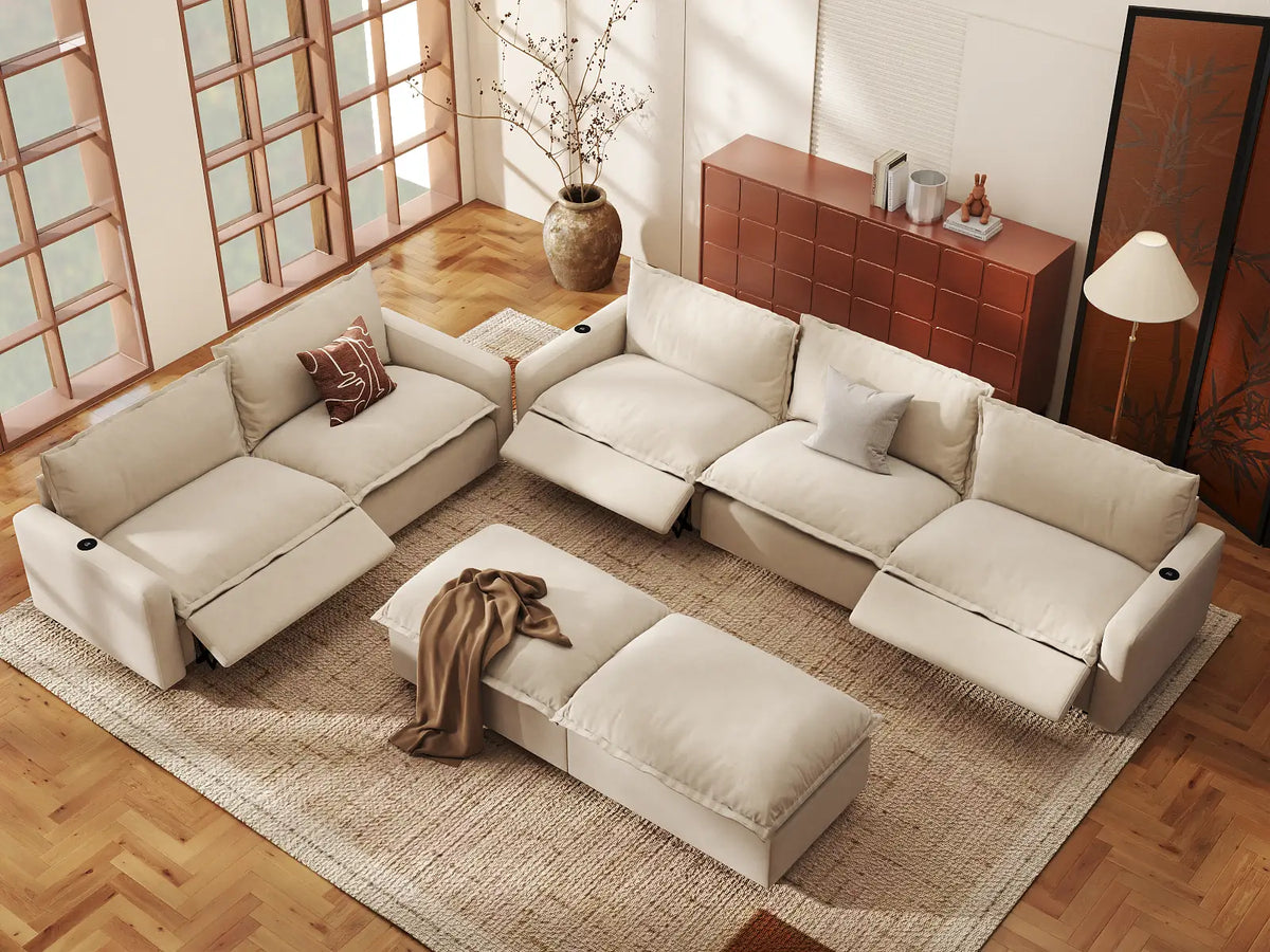 Modular Cero Reclining Sectionals | 7-Piece Beige Linen Open Plan Sofa Sets 5-Seater with 2-Ottomans