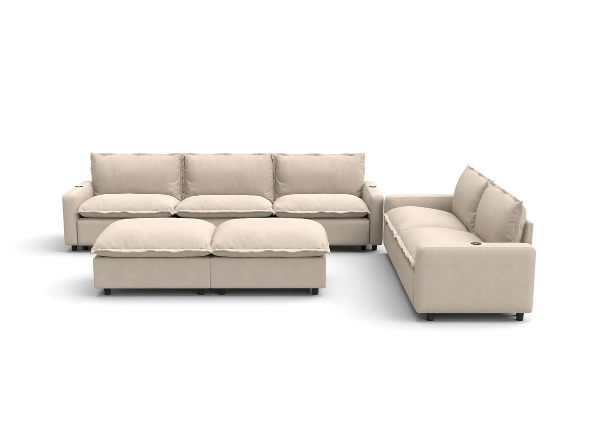 Modular Cero Reclining Sectionals | 7-Piece Beige Linen Open Plan Sofa Sets 5-Seater with 2-Ottomans