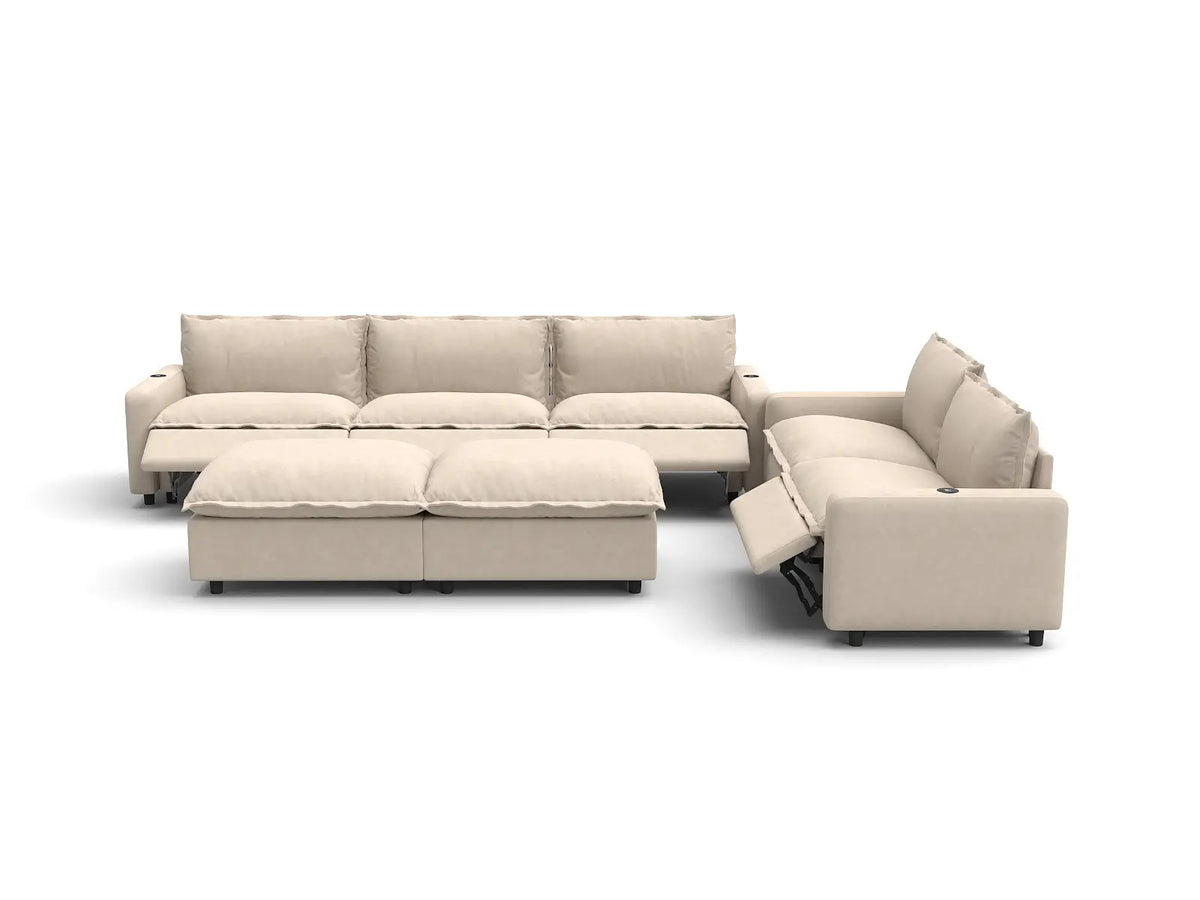 Modular Cero Reclining Sectionals | 7-Piece Beige Linen Open Plan Sofa Sets 5-Seater with 2-Ottomans