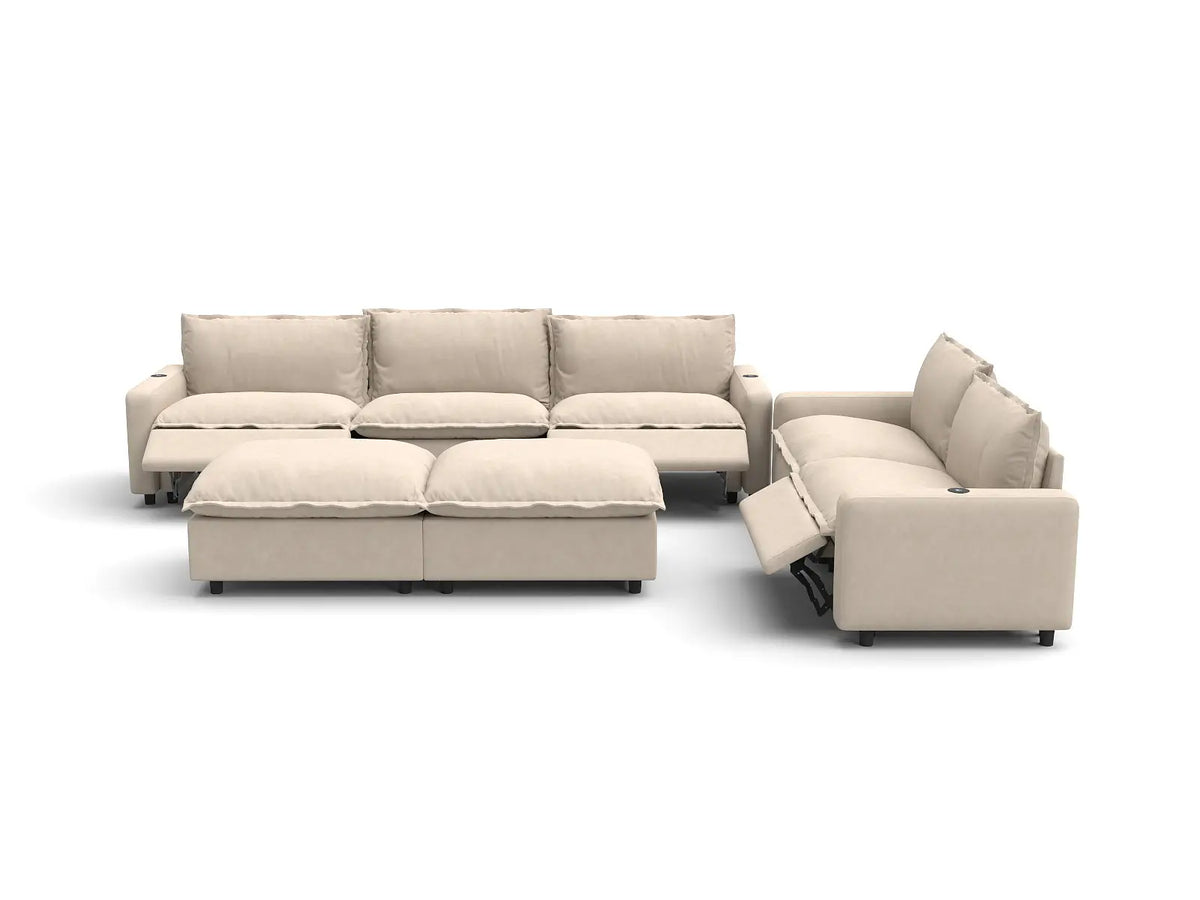 Modular Cero Reclining Sectionals | 7-Piece Beige Linen Open Plan Sofa Sets 5-Seater with 2-Ottomans
