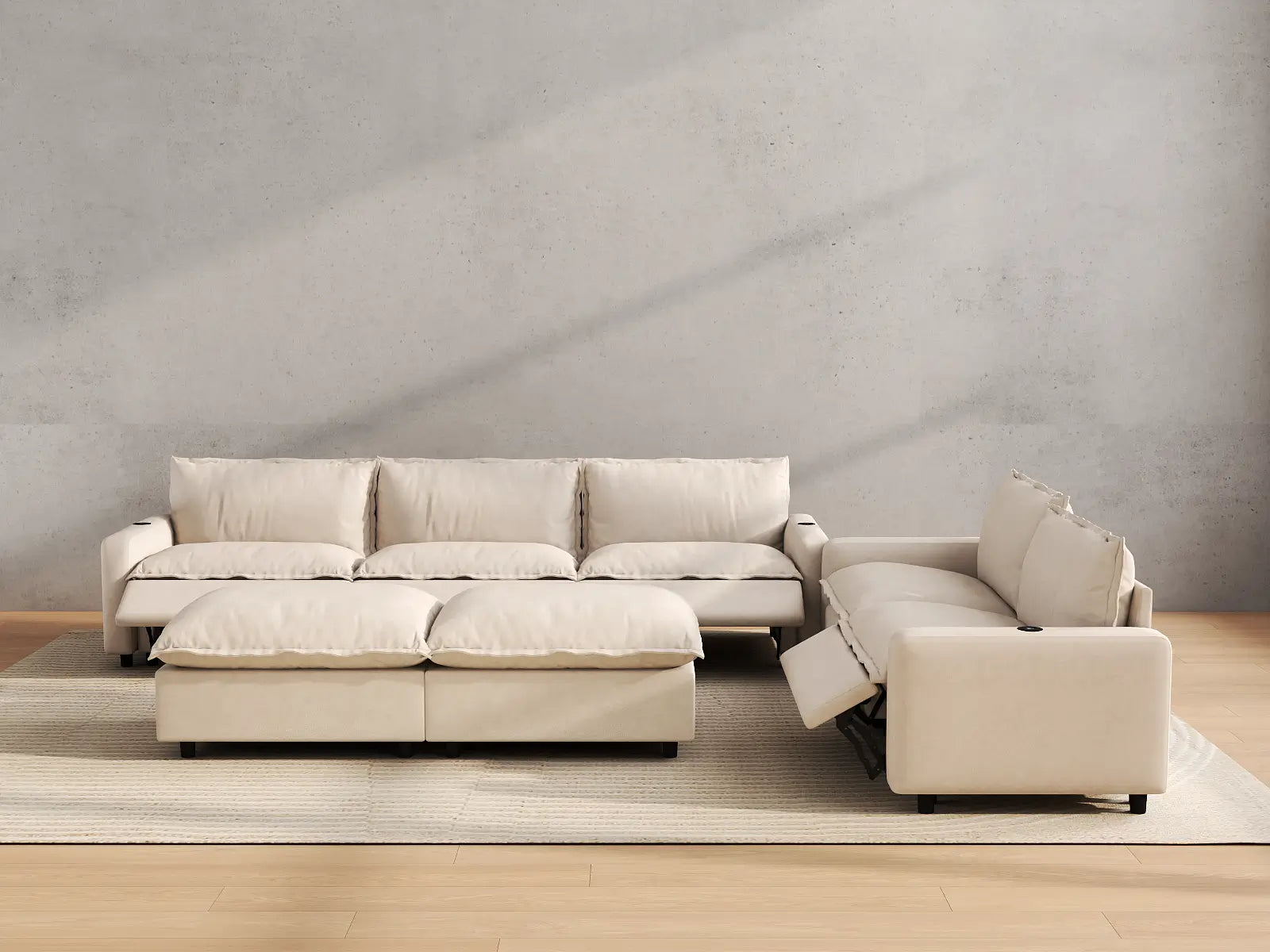 Modular Cero Power Reclining Sofa Set | 7-Piece Beige Linen Open Plan Sofa Sets 5-Seater with 2-Ottomans
