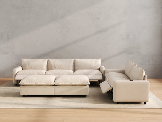 Modular Cero Reclining Sectionals | 7-Piece Beige Linen Open Plan Sofa Sets 5-Seater with 2-Ottomans