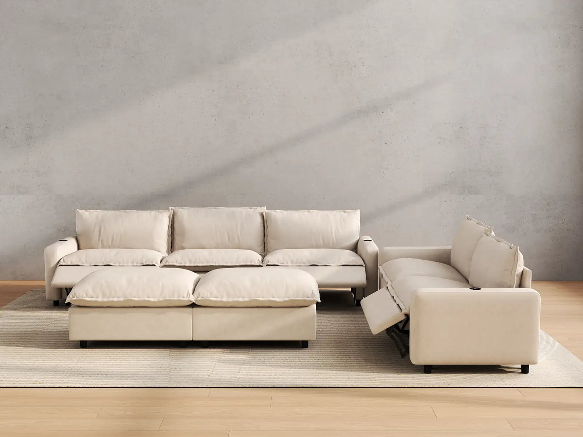 Modular Cero Reclining Sectionals | 7-Piece Beige Linen Open Plan Sofa Sets 5-Seater with 2-Ottomans