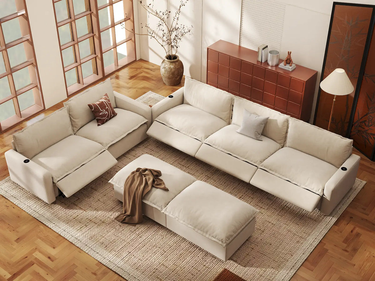 Modular Cero Reclining Sectionals | 7-Piece Beige Linen Open Plan Sofa Sets 5-Seater with 2-Ottomans