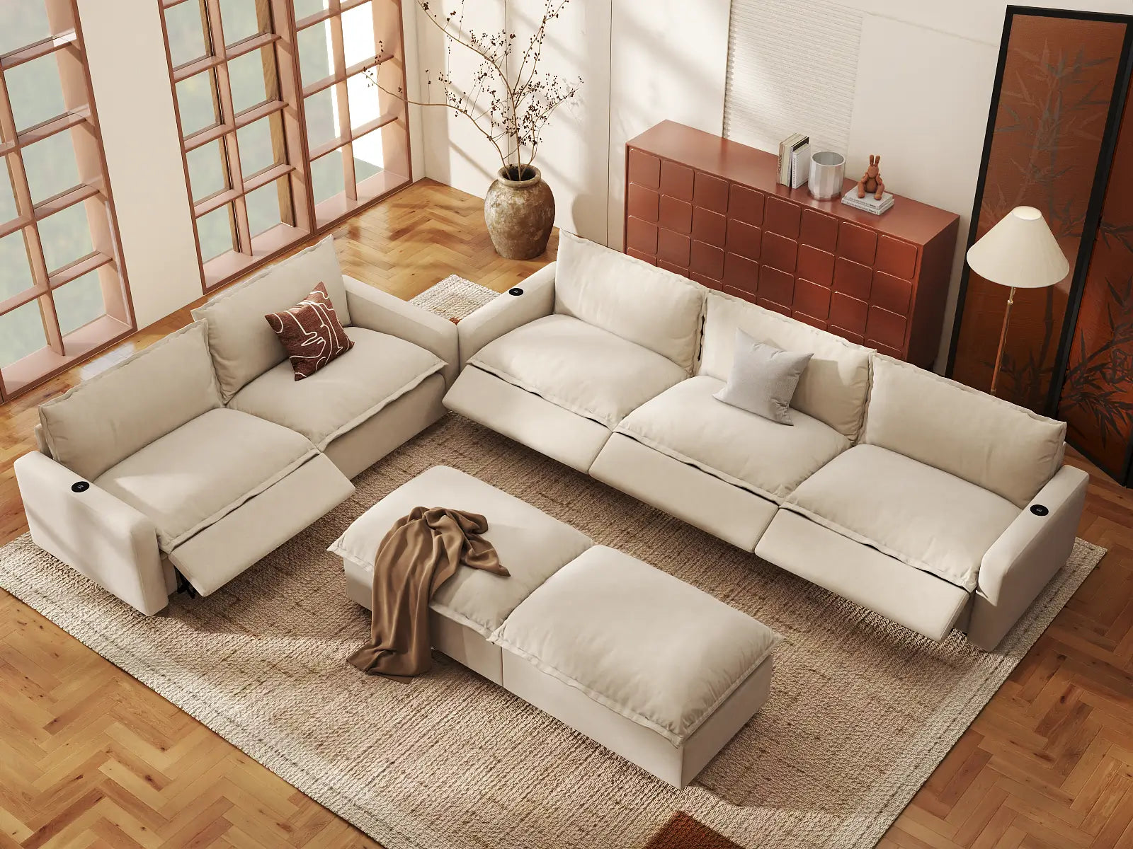 Modular Cero Power Reclining Sofa Set | 7-Piece Beige Linen Open Plan Sofa Sets 5-Seater with 2-Ottomans