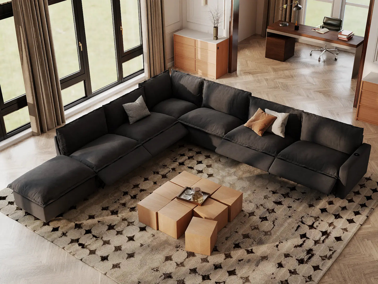 Modular Cero Recliner Sectional with Chaise | 7-Piece Grey Linen Grand Estate V-Shaped Sectionals 6-Seater with 1-Ottoman