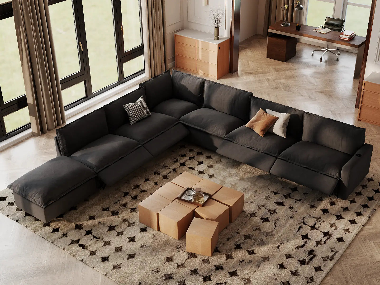 Modular Cero Recliner Sectional with Chaise | 7-Piece Grey Linen Grand Estate V-Shaped Sectionals 6-Seater with 1-Ottoman