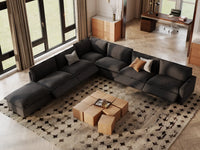 Modular Cero Recliner Sectional with Chaise | 7-Piece Grey Linen Grand Estate V-Shaped Sectionals 6-Seater with 1-Ottoman