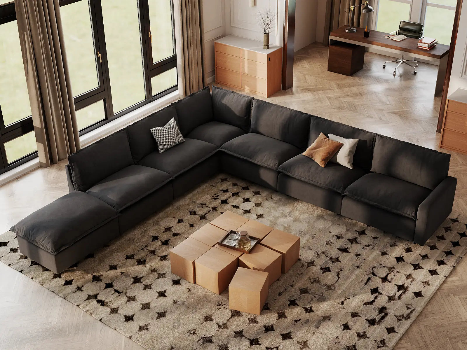 Modular Cero Sectional Sofa Modular | 7-Piece Grey Linen Grand Estate V-Shaped Sectionals 6-Seater with 1-Ottoman