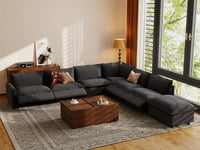 Modular Cero Recliner Sectional with Chaise | 7-Piece Grey Linen Grand Estate V-Shaped Sectionals 6-Seater with 1-Ottoman