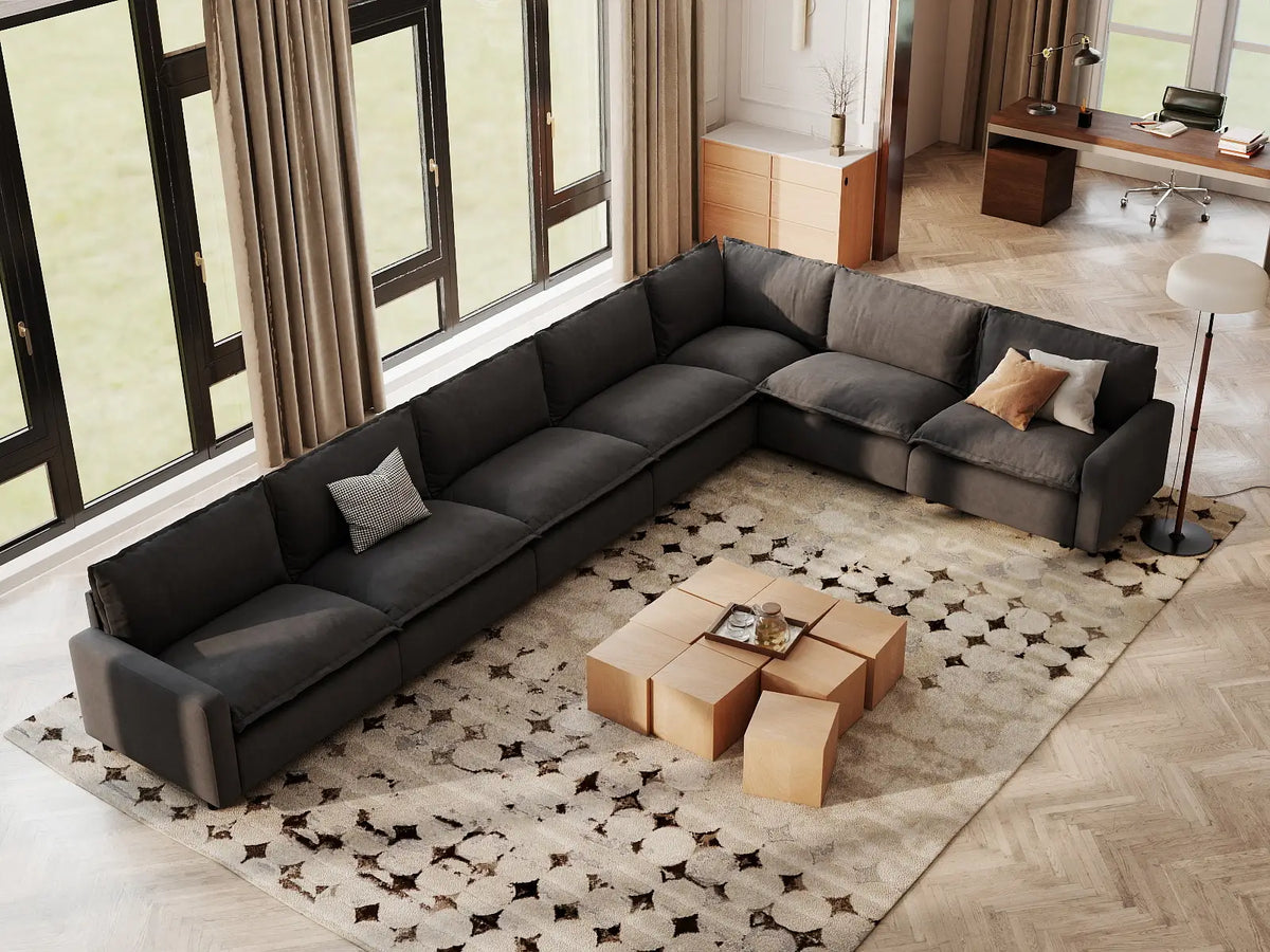Modular Cero Modular Sectionals | 7-Piece Grey Linen Grand Estate V-Shaped Sectionals 7-Seater