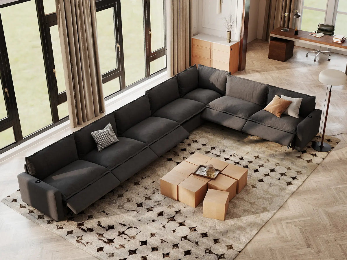 Modular Cero Reclining Sectionals | 7-Piece Grey Linen Grand Estate V-Shaped Sectionals 7-Seater