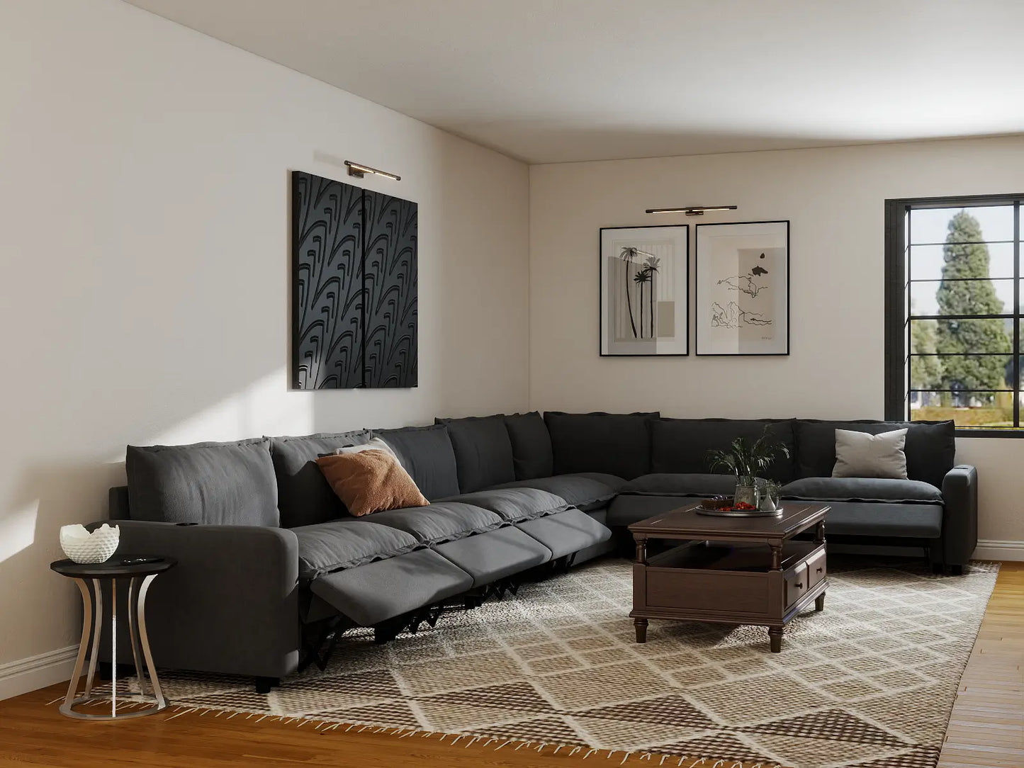 Modular Cero Reclining Sectionals | 7-Piece Grey Linen Grand Estate V-Shaped Sectionals 7-Seater