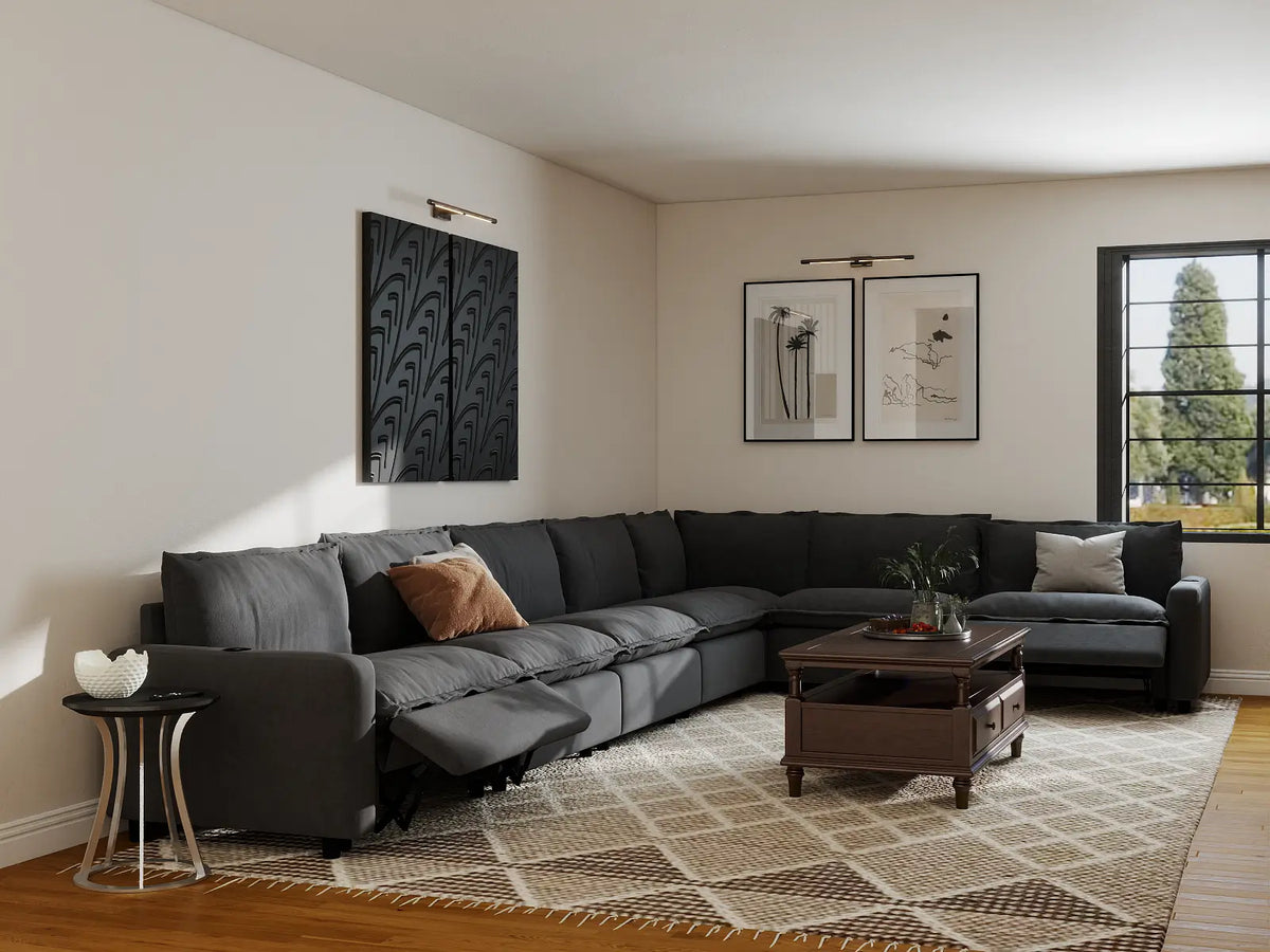 Modular Cero Reclining Sectionals | 7-Piece Grey Linen Grand Estate V-Shaped Sectionals 7-Seater