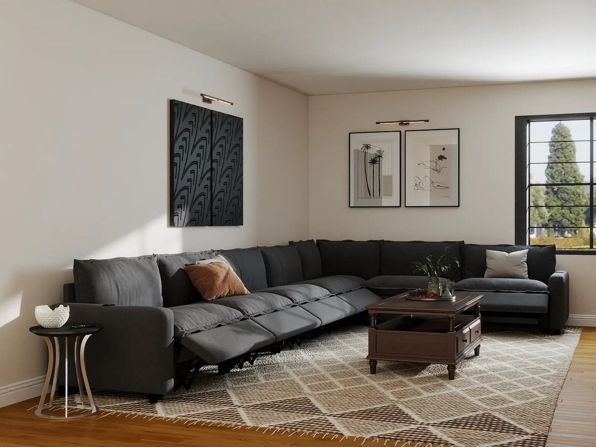 Modular Cero Reclining Sectionals | 7-Piece Grey Linen Grand Estate V-Shaped Sectionals 7-Seater