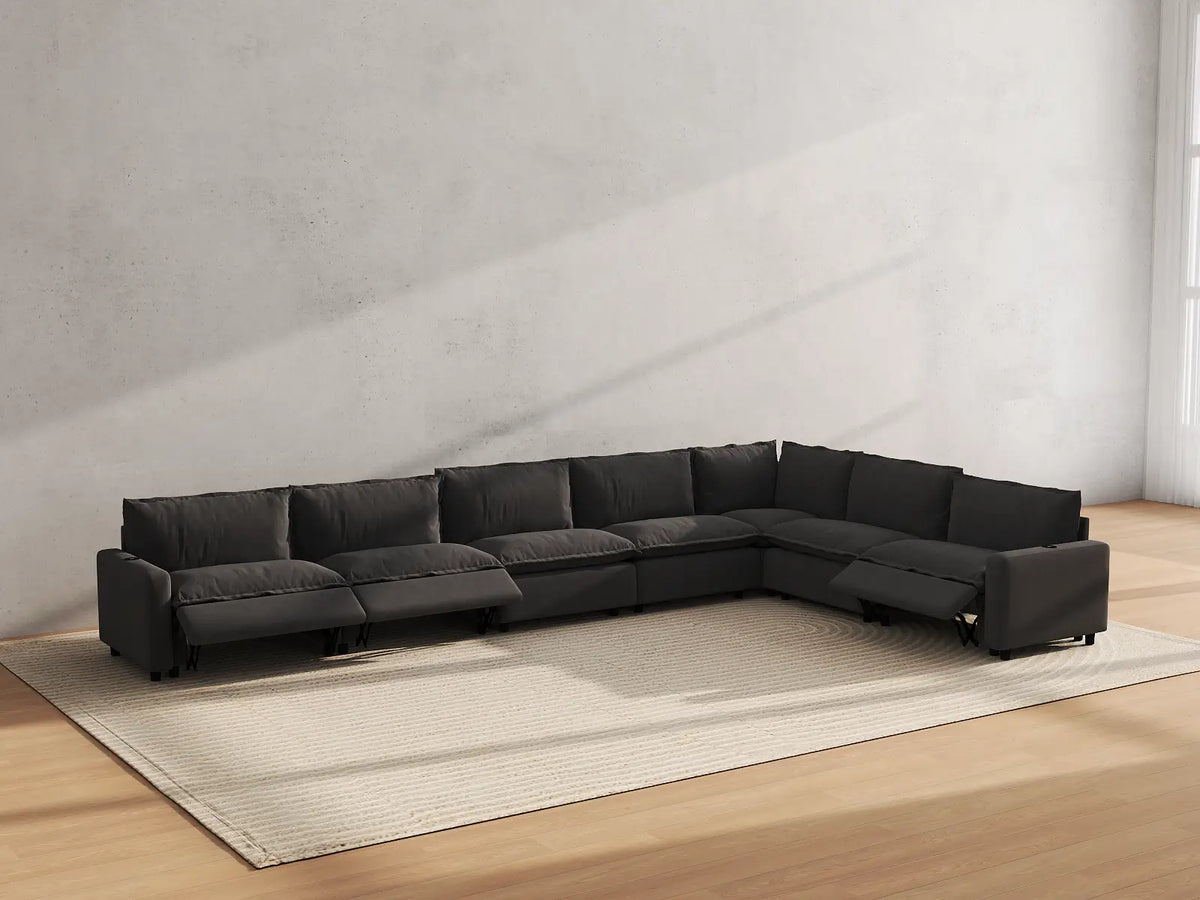 Modular Cero Reclining Sectionals | 7-Piece Grey Linen Grand Estate V-Shaped Sectionals 7-Seater