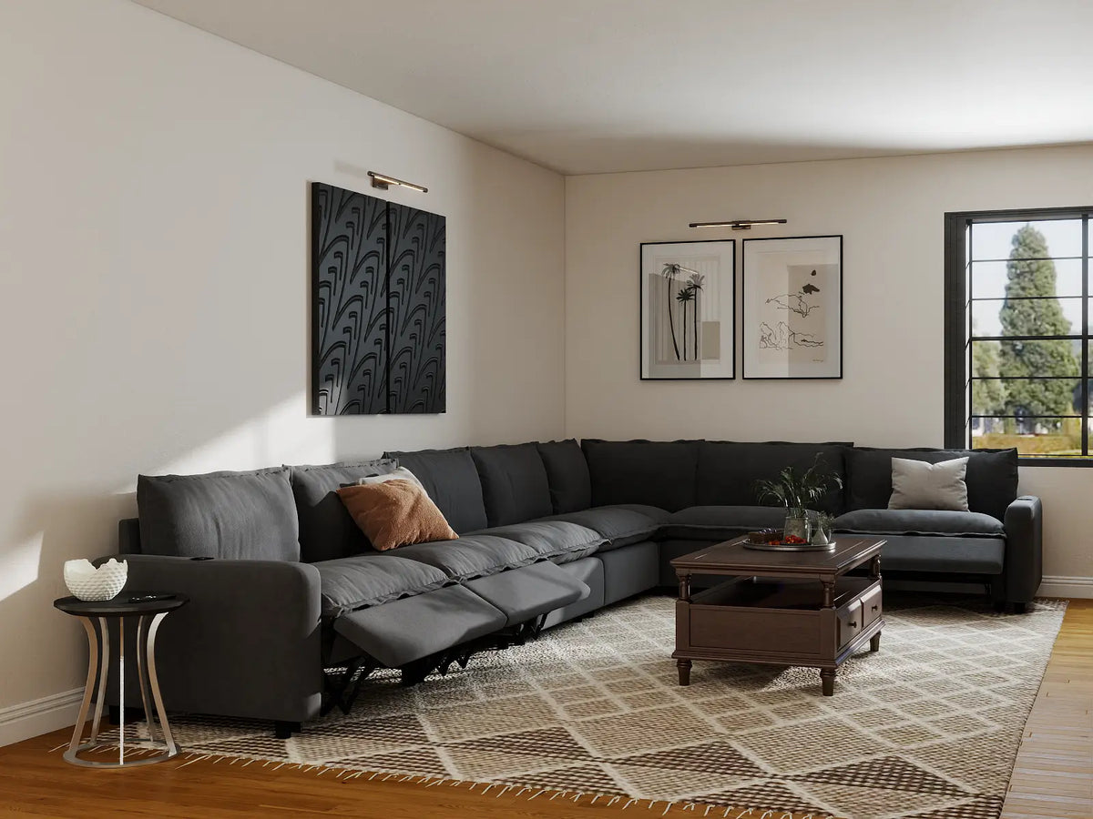Modular Cero Reclining Sectionals | 7-Piece Grey Linen Grand Estate V-Shaped Sectionals 7-Seater