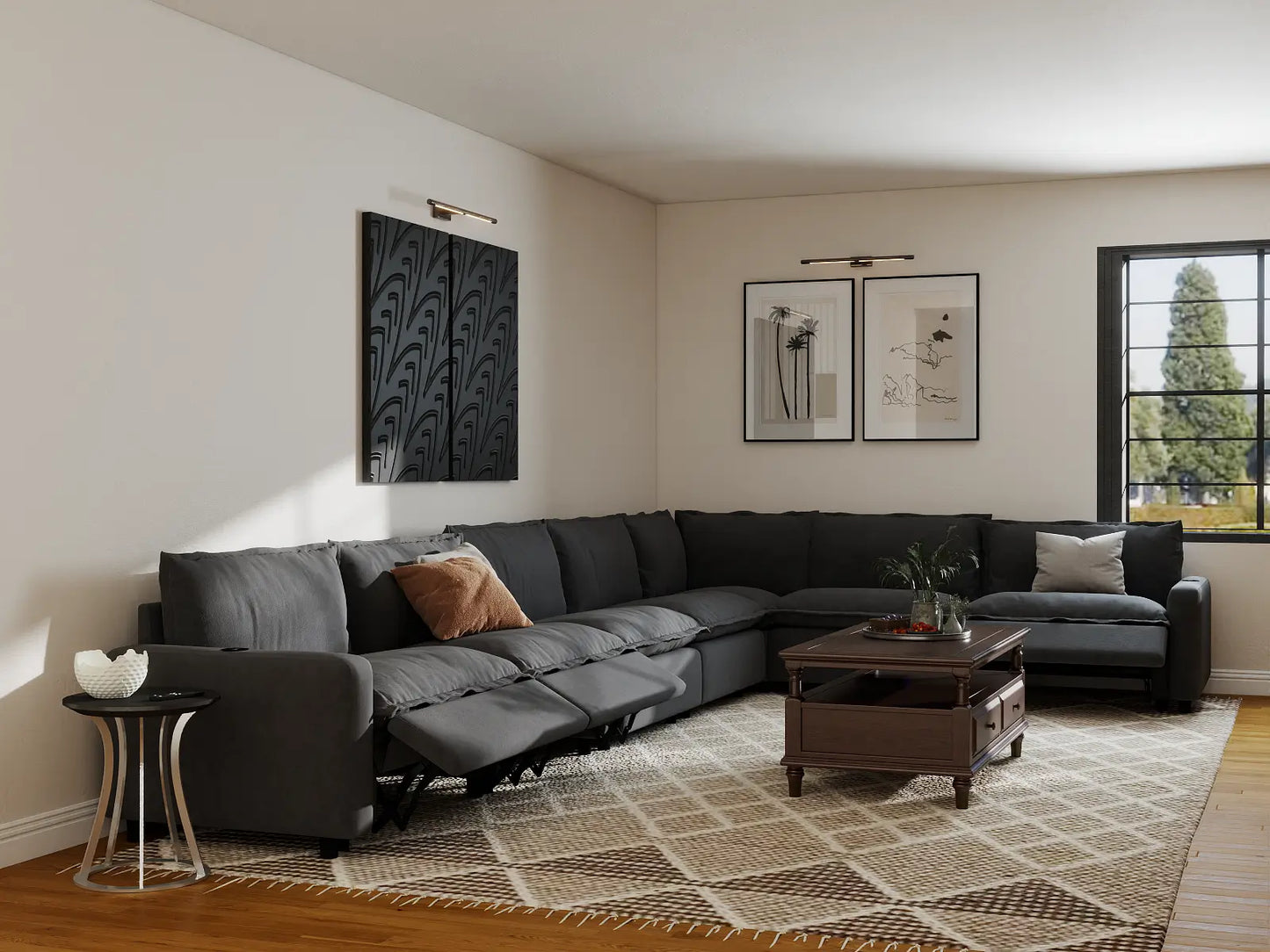 Modular Cero Reclining Sectionals | 7-Piece Grey Linen Grand Estate V-Shaped Sectionals 7-Seater