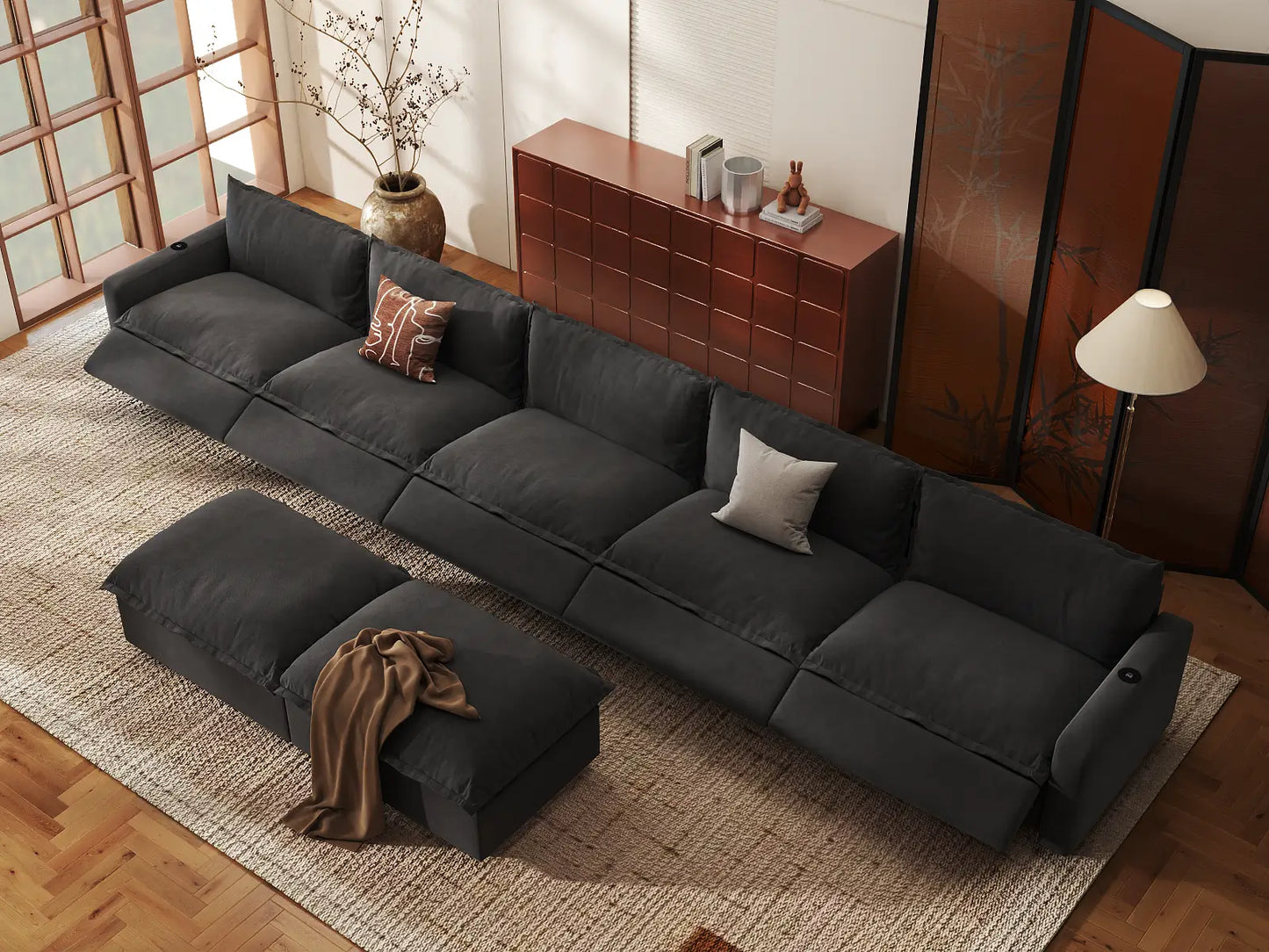 Modular Cero Reclining Sectionals | 7-Piece Grey Linen Large Space Sofa Sets 5-Seater with 2-Ottomans