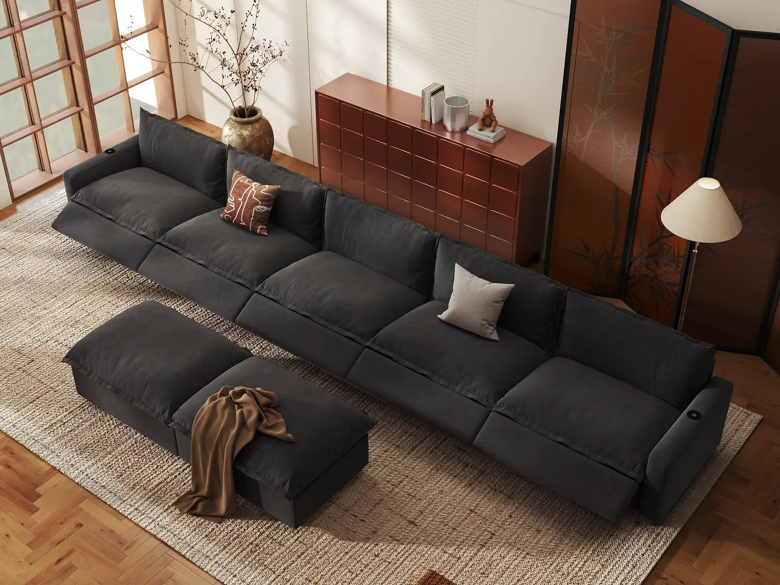 Modular Cero Reclining Sectionals | 7-Piece Grey Linen Large Space Sofa Sets 5-Seater with 2-Ottomans
