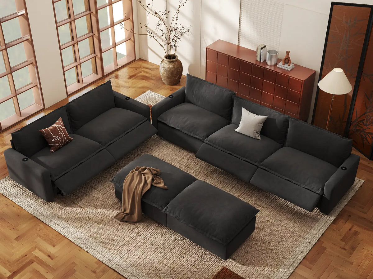 Modular Cero Reclining Sectionals | 7-Piece Grey Linen Large Space Sofa Sets 5-Seater with 2-Ottomans
