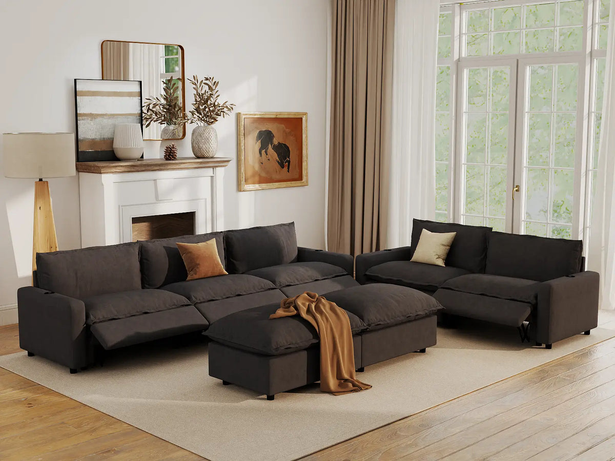 Modular Cero Reclining Sectionals | 7-Piece Grey Linen Large Space Sofa Sets 5-Seater with 2-Ottomans