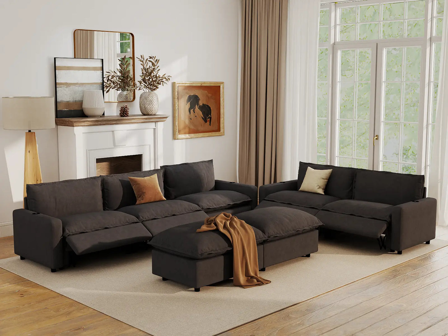 Modular Cero Reclining Sectionals | 7-Piece Grey Linen Large Space Sofa Sets 5-Seater with 2-Ottomans