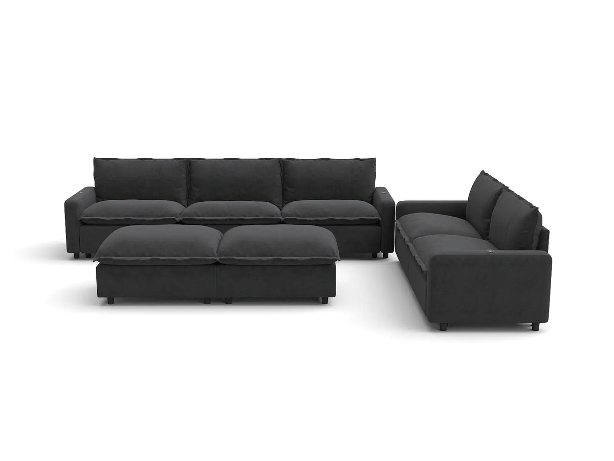 Modular Cero Reclining Sectionals | 7-Piece Grey Linen Large Space Sofa Sets 5-Seater with 2-Ottomans