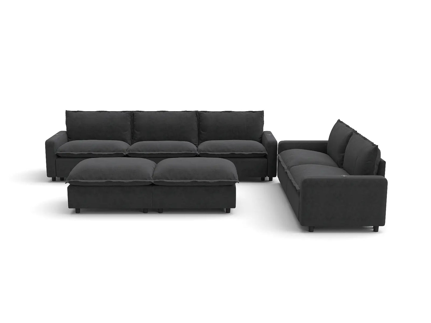 Modular Cero Reclining Sectionals | 7-Piece Grey Linen Large Space Sofa Sets 5-Seater with 2-Ottomans