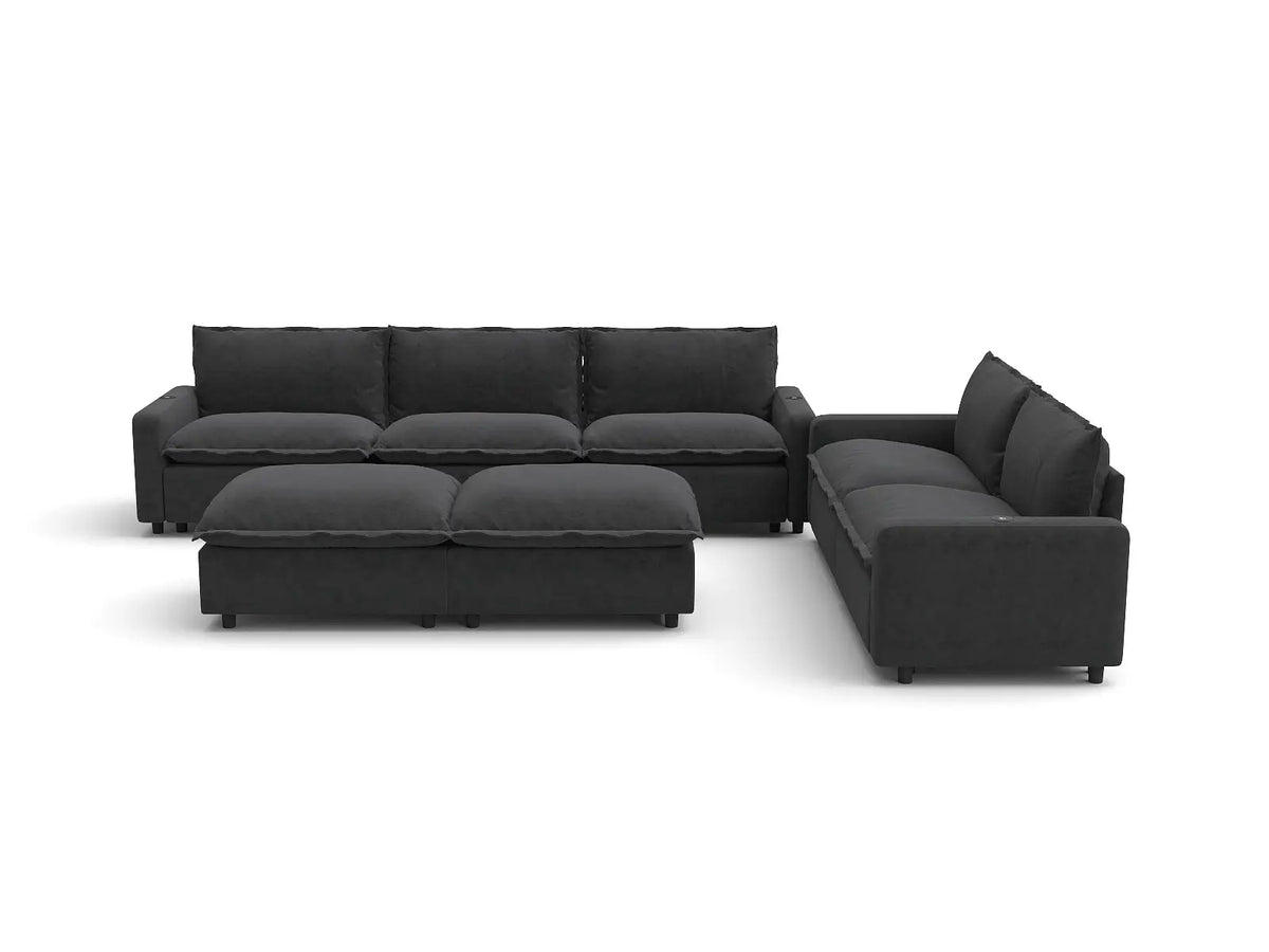 Modular Cero Reclining Sectionals | 7-Piece Grey Linen Large Space Sofa Sets 5-Seater with 2-Ottomans