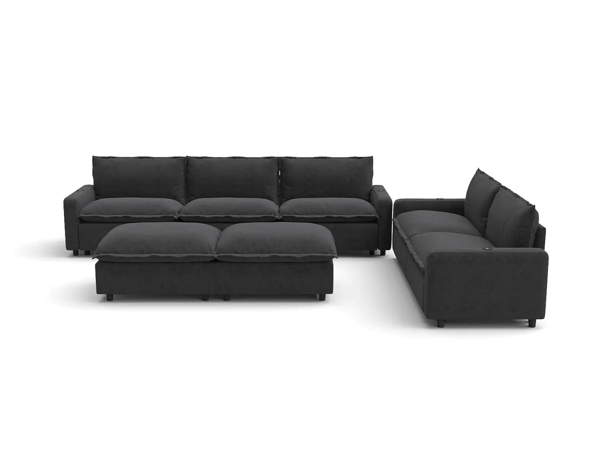 Modular Cero Reclining Sectionals | 7-Piece Grey Linen Large Space Sofa Sets 5-Seater with 2-Ottomans