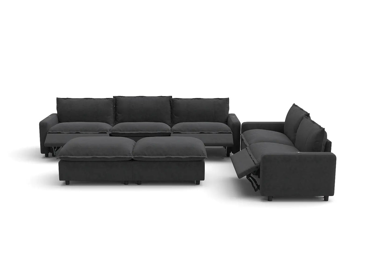 Modular Cero Reclining Sectionals | 7-Piece Grey Linen Large Space Sofa Sets 5-Seater with 2-Ottomans