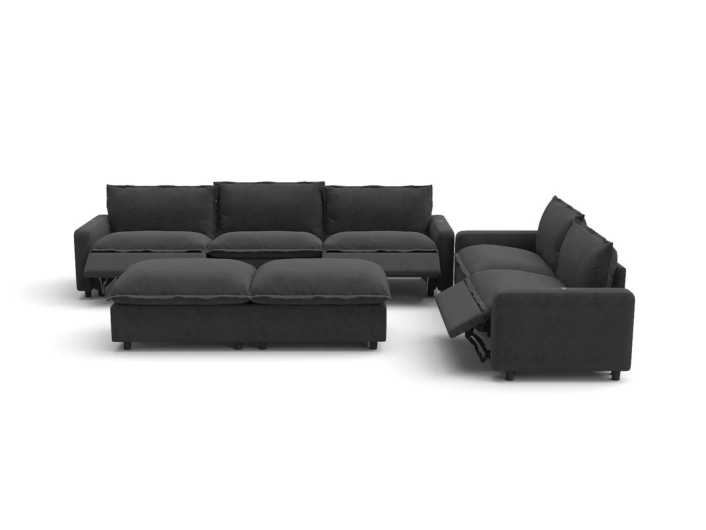 Modular Cero Reclining Sectionals | 7-Piece Grey Linen Large Space Sofa Sets 5-Seater with 2-Ottomans