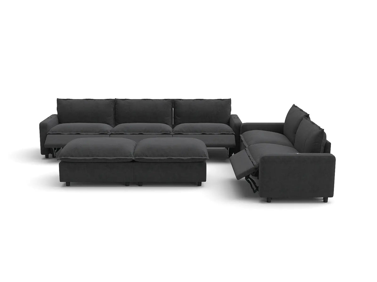 Modular Cero Reclining Sectionals | 7-Piece Grey Linen Large Space Sofa Sets 5-Seater with 2-Ottomans