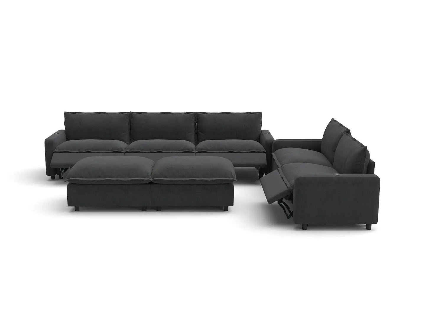 Modular Cero Reclining Sectionals | 7-Piece Grey Linen Large Space Sofa Sets 5-Seater with 2-Ottomans