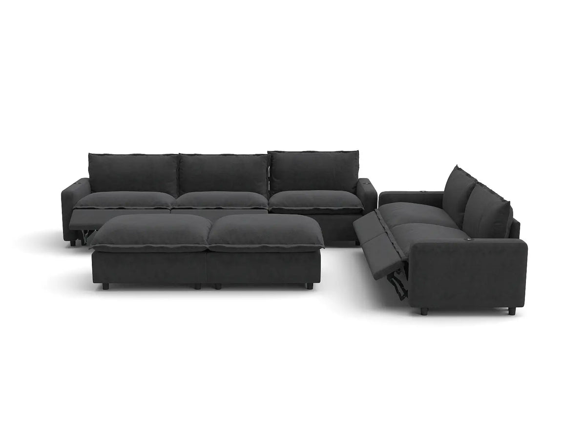 Modular Cero Reclining Sectionals | 7-Piece Grey Linen Large Space Sofa Sets 5-Seater with 2-Ottomans