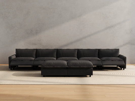 Modular Cero Reclining Sectionals | 7-Piece Grey Linen Large Space Sofa Sets 5-Seater with 2-Ottomans