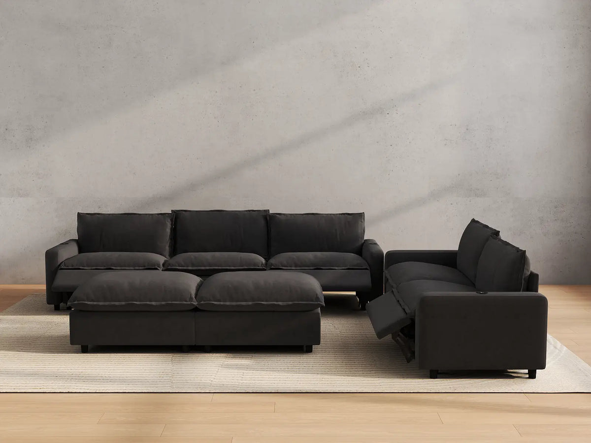 Modular Cero Reclining Sectionals | 7-Piece Grey Linen Large Space Sofa Sets 5-Seater with 2-Ottomans