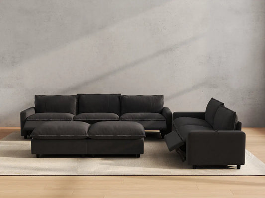 Modular Cero Reclining Sectionals | 7-Piece Grey Linen Large Space Sofa Sets 5-Seater with 2-Ottomans