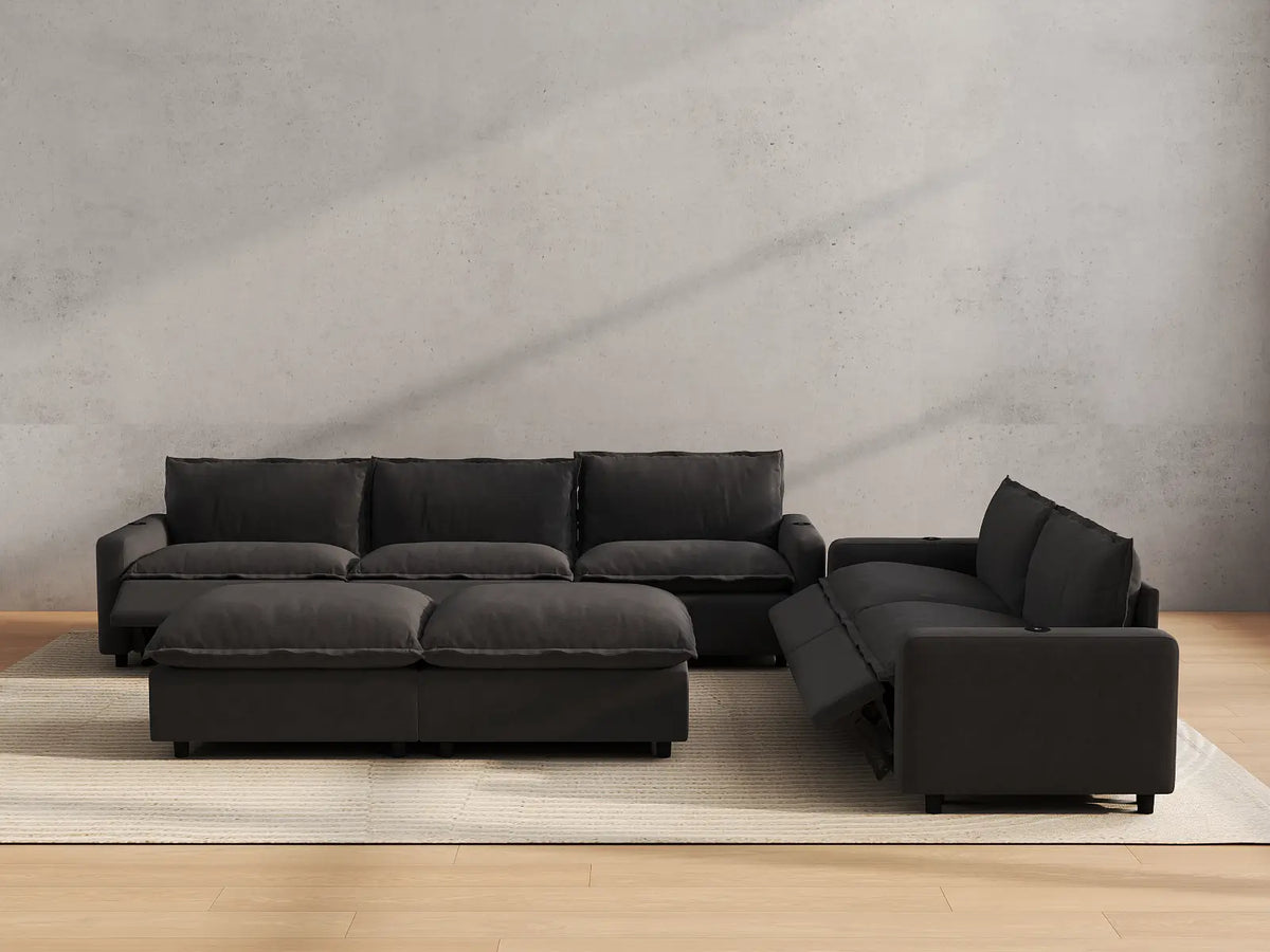 Modular Cero Reclining Sectionals | 7-Piece Grey Linen Large Space Sofa Sets 5-Seater with 2-Ottomans