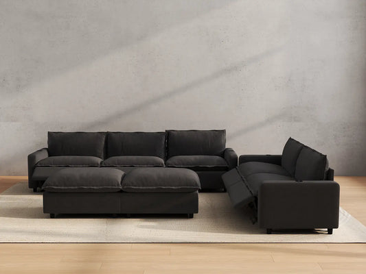 Modular Cero Reclining Sectionals | 7-Piece Grey Linen Large Space Sofa Sets 5-Seater with 2-Ottomans
